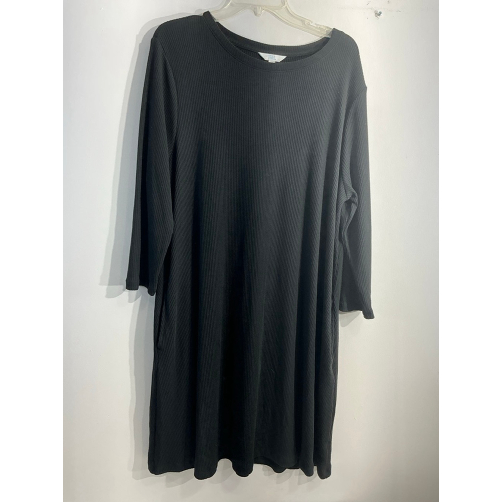 Womans Time N Tru Pullover Midi Shift Dress XL 16-18 Black Round Neck 3/4 Sleeve